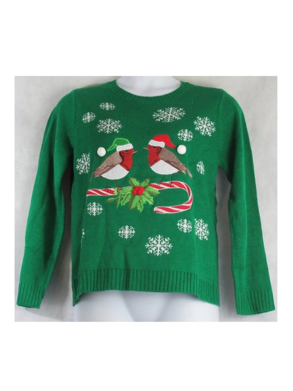 Holiday Lane Women's Petite Pullover Sweater, Green Christmas Robins Birds, PXL